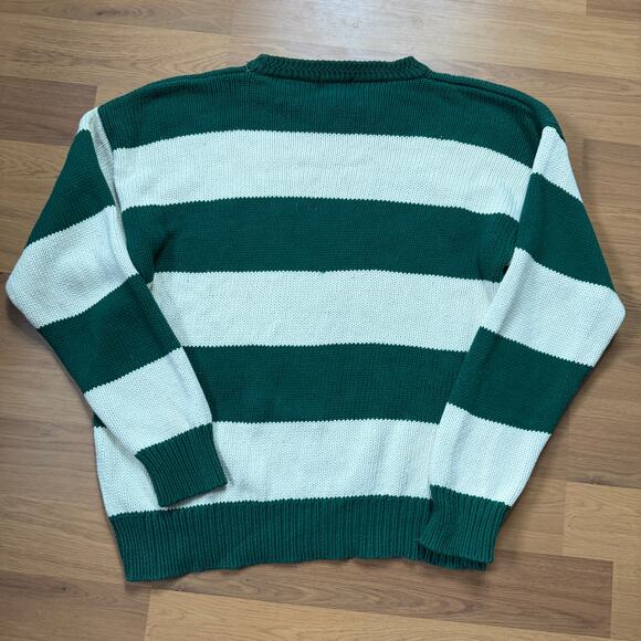 Vintage 90's Boston Traders Green White Chunky Knit Crewneck Sweater Sz Large - Picture 4 of 8
